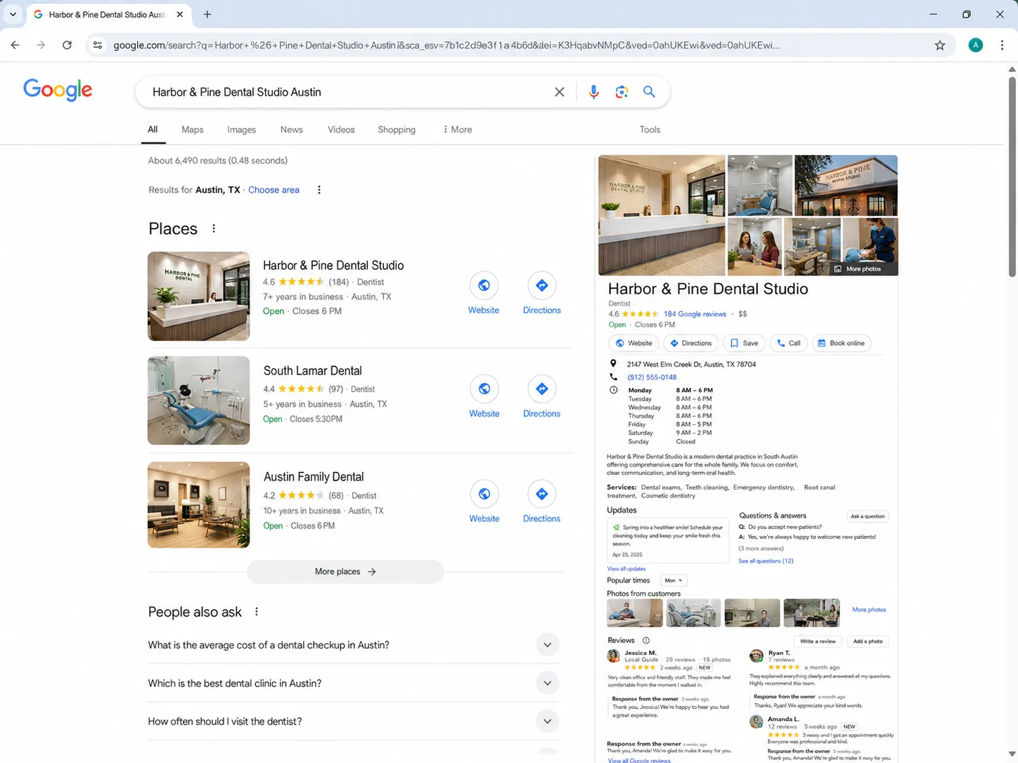 Illustrative after view of the same fictional US dental business profile with updated information and recent activity